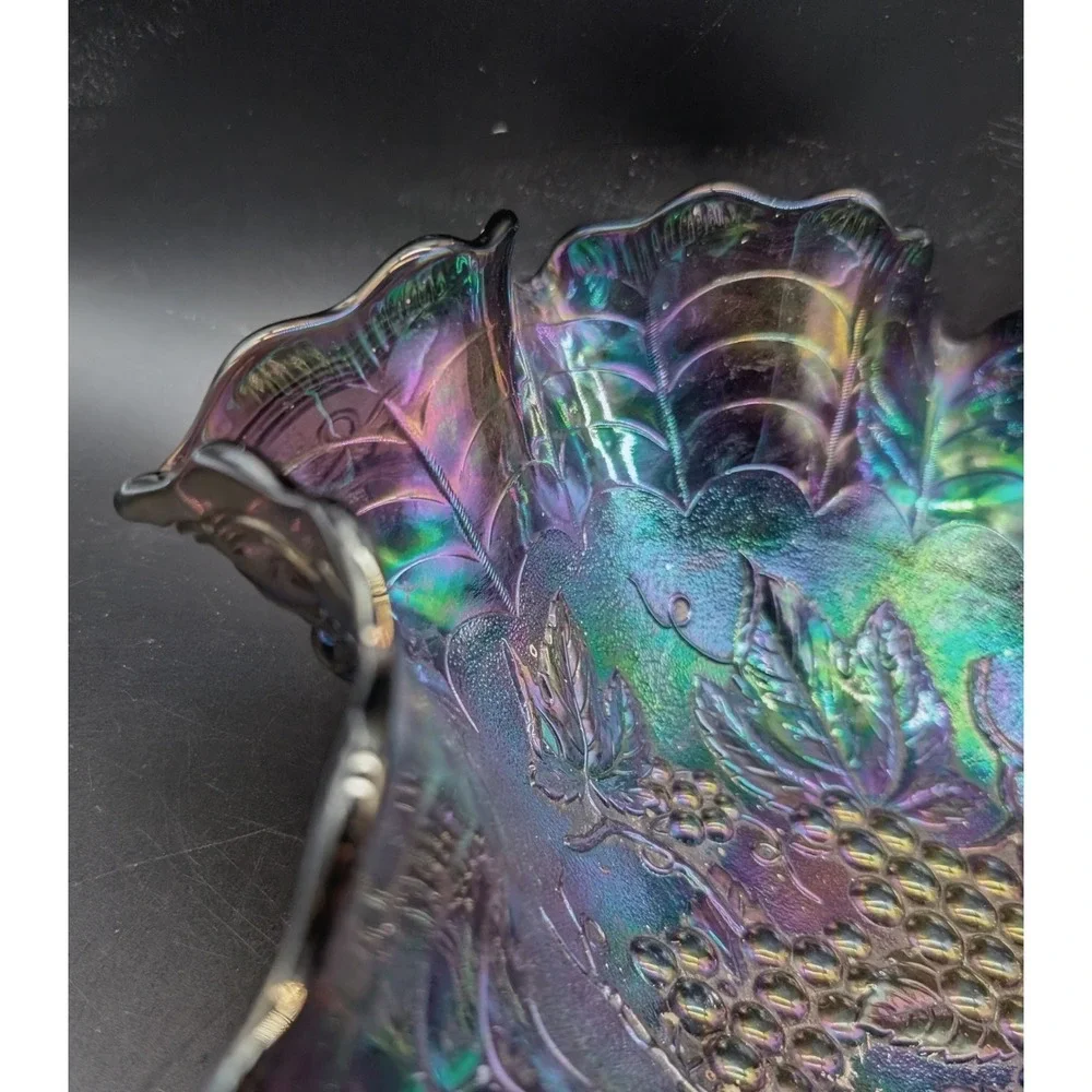 Imperial Amethyst Carnival Glass Grape and Cable Ruffled Bowl Iridescent Purple